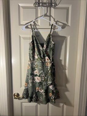 Speechless Olive Green Floral Wrap Mini Dress